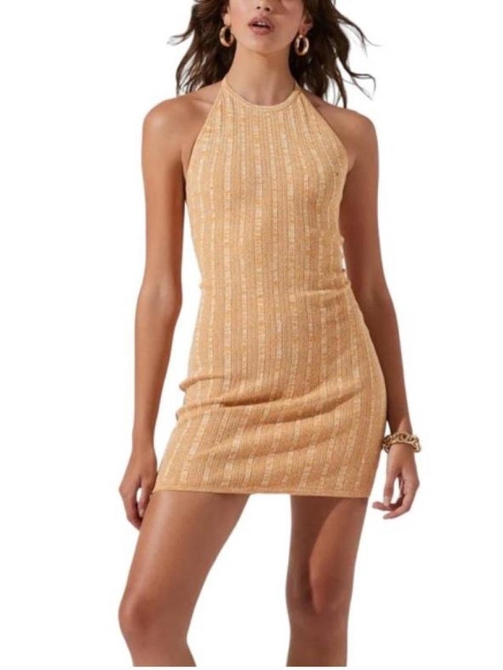 ASTR The Label Vania Ribbed Knit Halter Mini Dress Yellow Malange Bodycon Fitted